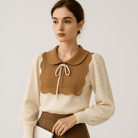 Lavinque Blouses Blouse Élégante Dentelle | Col Claudine Contrasté | Manches Texturées