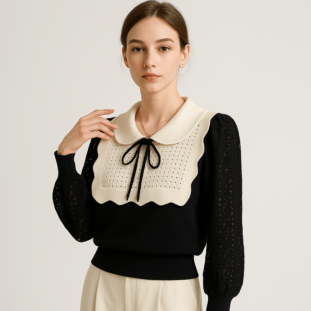 Lavinque Blouses Blouse Élégante Dentelle | Col Claudine Contrasté | Manches Texturées