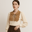 Lavinque Blouses Blouse Élégante Dentelle | Col Claudine Contrasté | Manches Texturées
