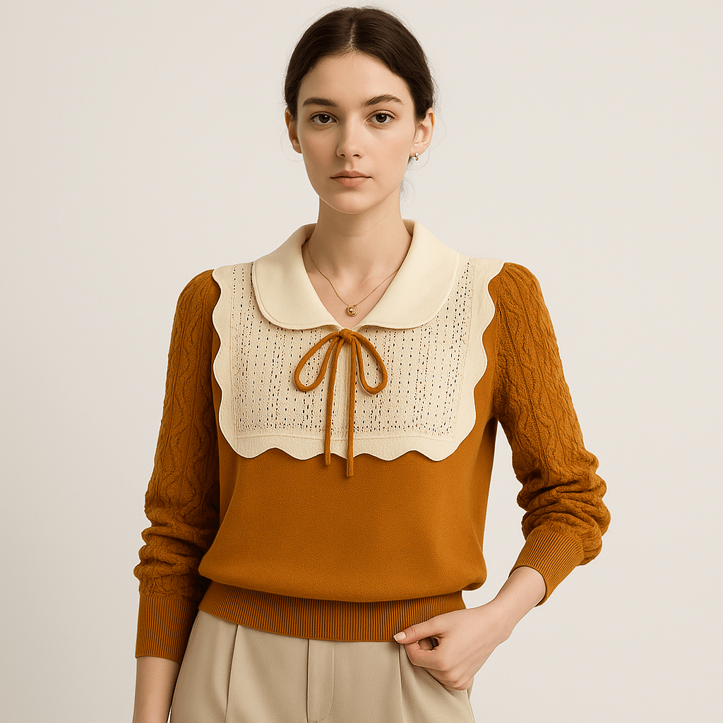 Lavinque Blouses Blouse Élégante Dentelle | Col Claudine Contrasté | Manches Texturées