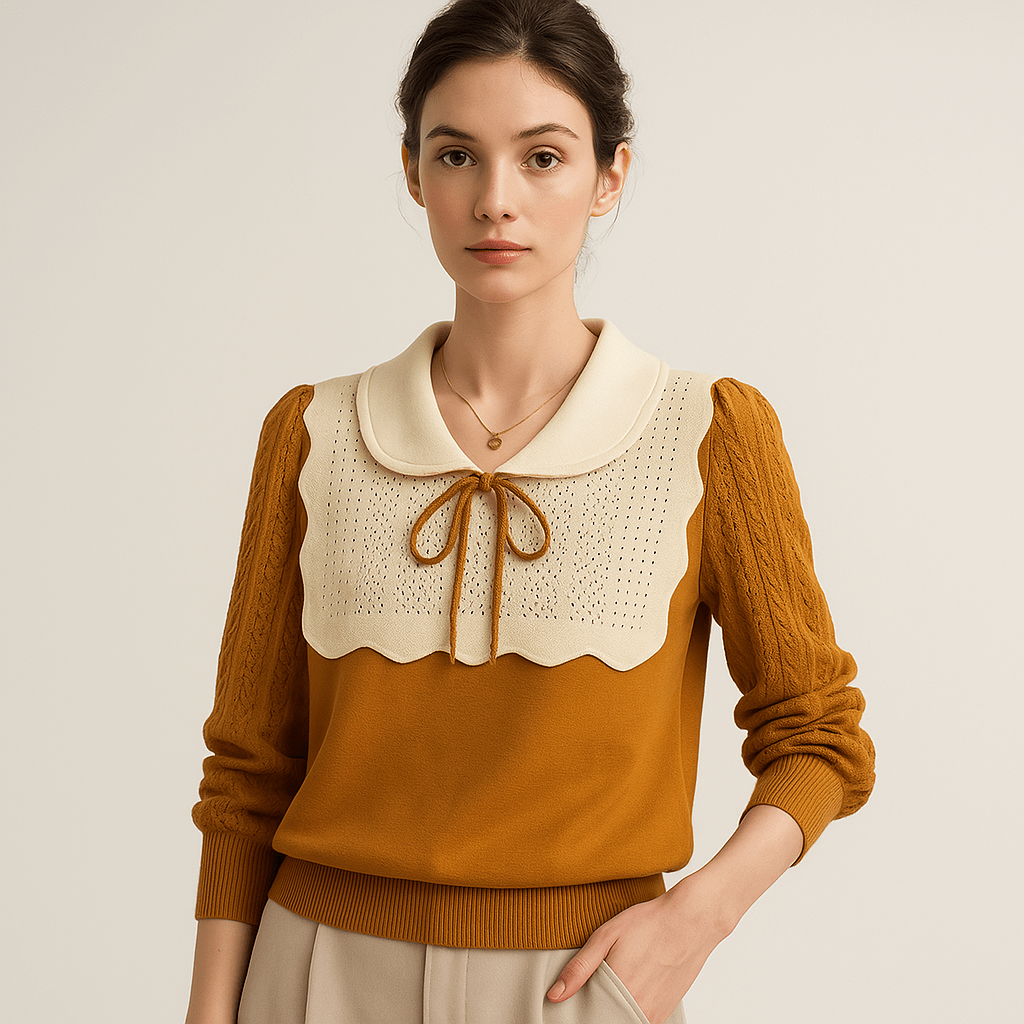 Lavinque Blouses Blouse Élégante Dentelle | Col Claudine Contrasté | Manches Texturées