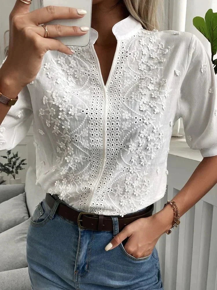 Lavinque Blouses Blouse Élégante en Dentelle | Chic & Féminin | Col Mandarin