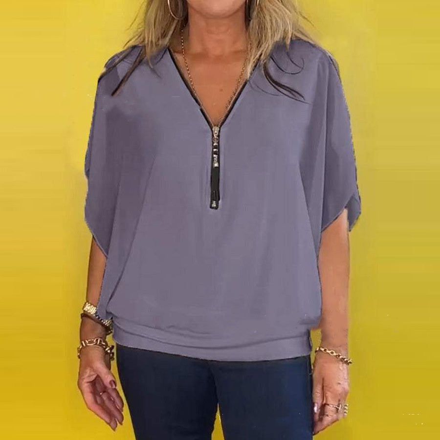 Lavinque Blouses Gris / S Blouse zippée fluide | Bleu royal | Élégante et confortable