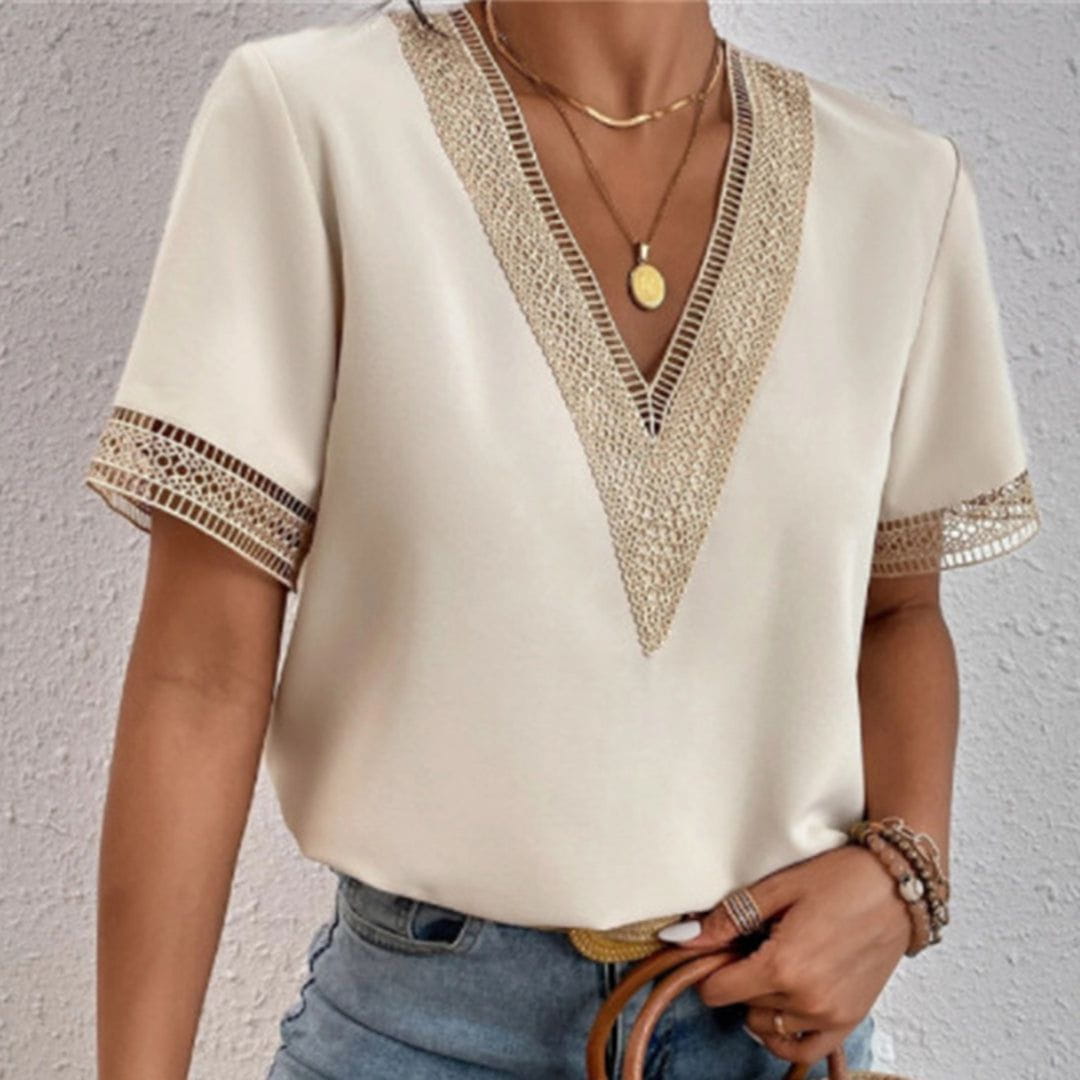 Lavinque Blouses Jaune Clair / S Blouse Blanche Col V Orné | Élégante | Légère et Stylée