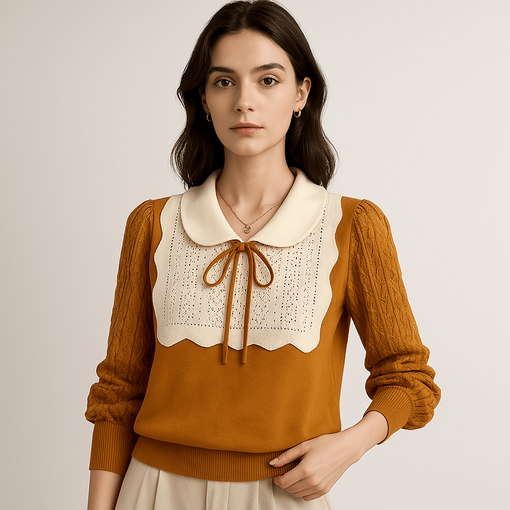 Lavinque Blouses Jaune / XS Blouse Élégante Dentelle | Col Claudine Contrasté | Manches Texturées