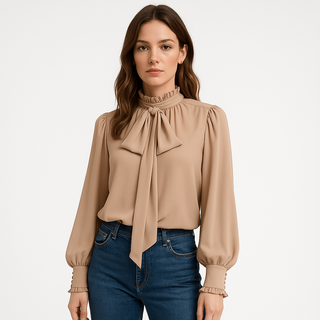 Lavinque Blouses Kaki / XS Blouse à Lavallière | Élégance Fluide | Manches Bouffantes