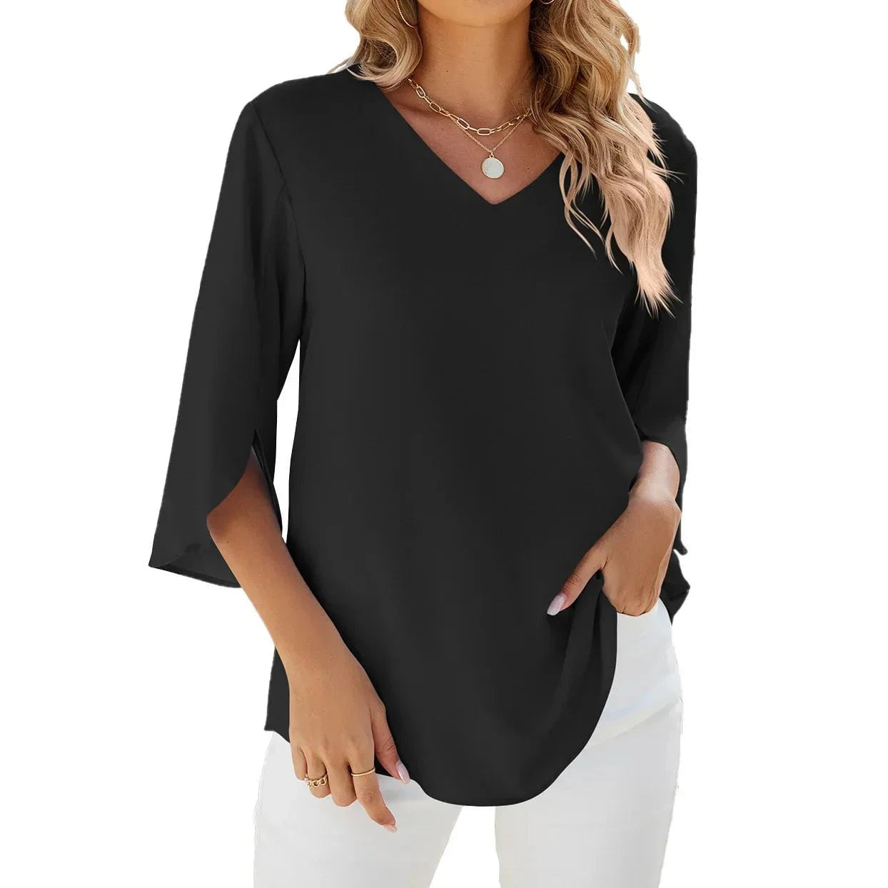Lavinque Blouses Noir / S Blouse Élégante à Manches 3/4 | Chic & Confort | Idéale pour Toutes Occasions