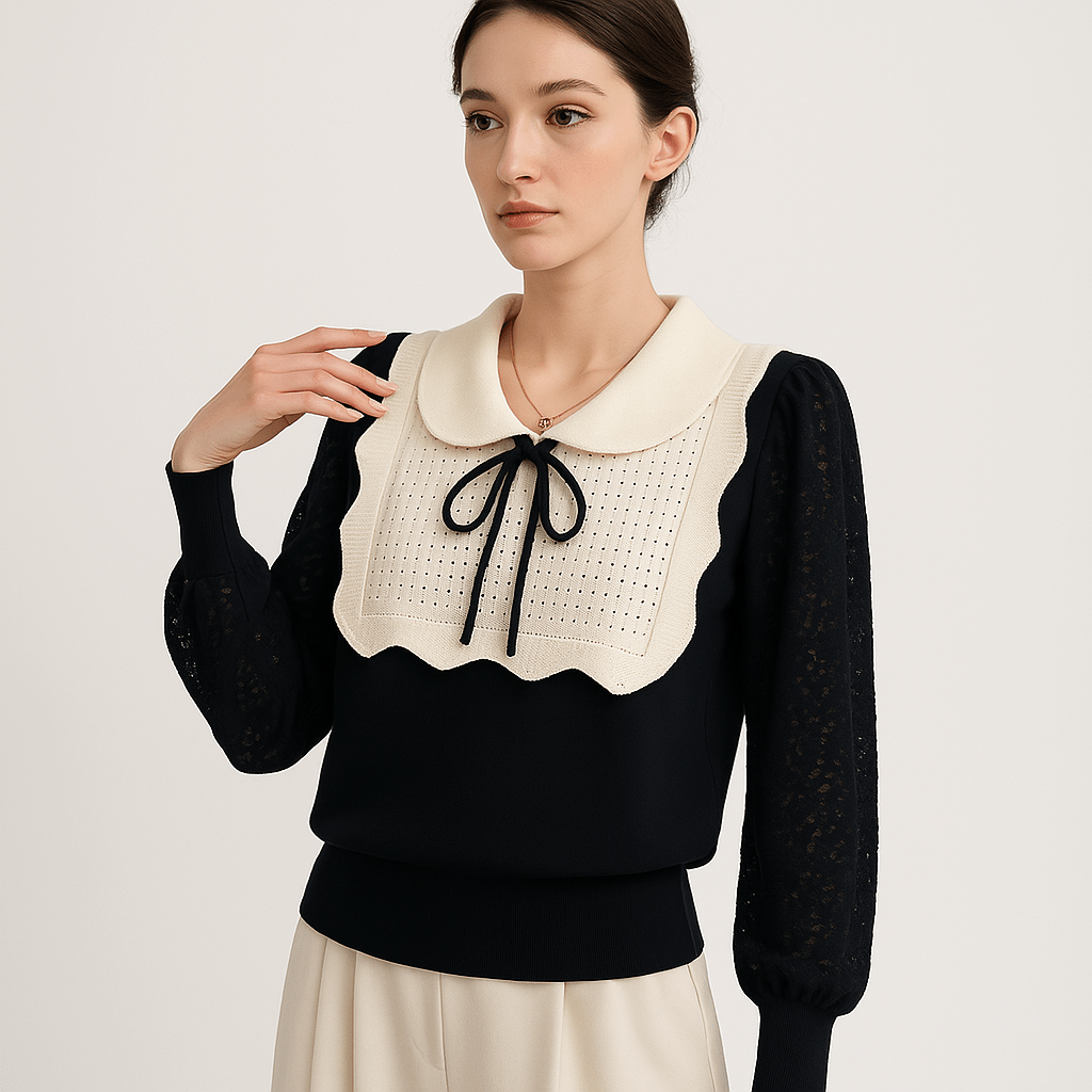 Lavinque Blouses Noir / XS Blouse Élégante Dentelle | Col Claudine Contrasté | Manches Texturées