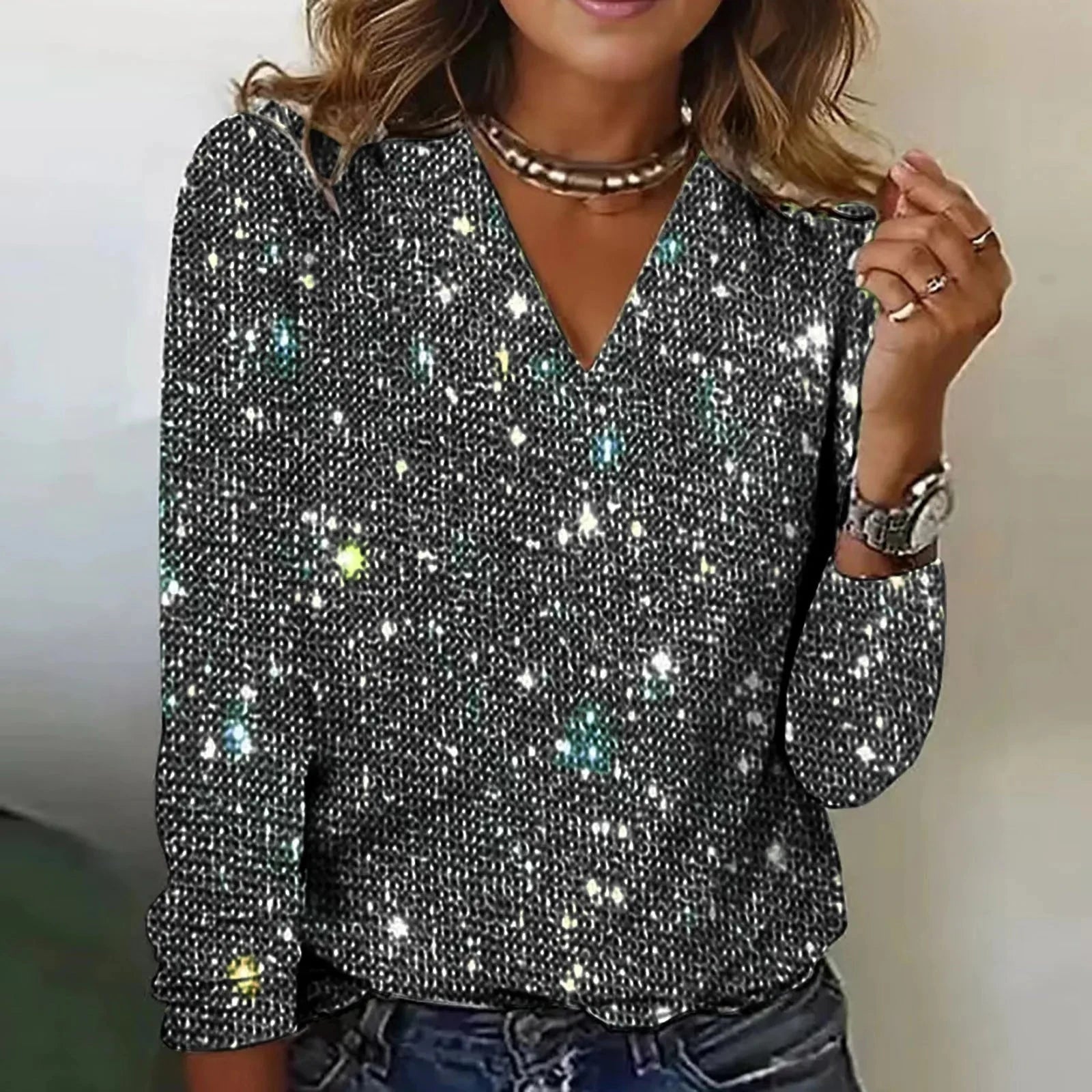 Lavinque Blouses Noir / XXS Haut Brillant à Paillettes | Col V Élégant | Look Festif et Chic