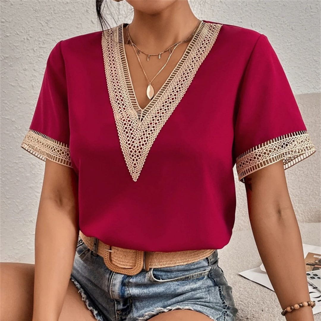 Lavinque Blouses Rouge / S Blouse Blanche Col V Orné | Élégante | Légère et Stylée