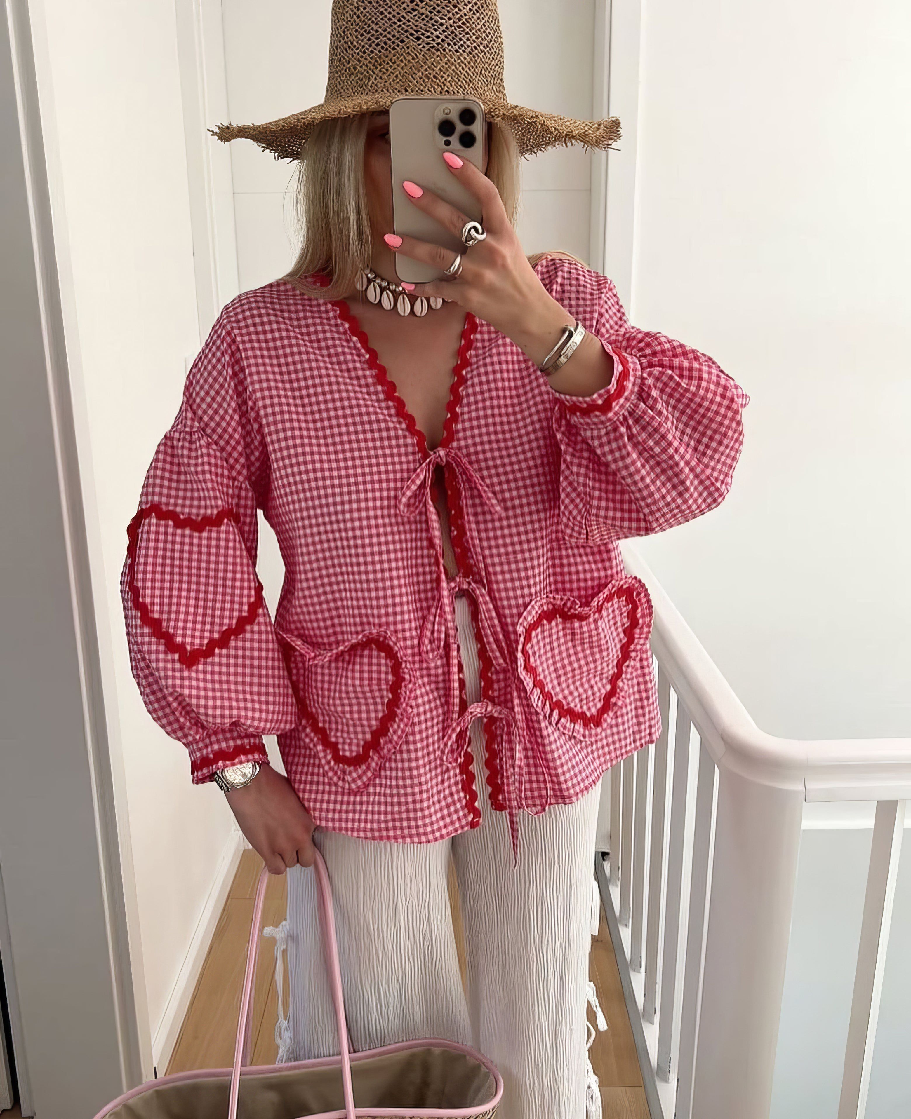 Lavinque Blouses Rouge / S Blouse Bohème à Carreaux | Romantique | Fluide et Féminine