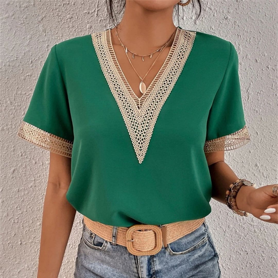 Lavinque Blouses Vert / S Blouse Blanche Col V Orné | Élégante | Légère et Stylée