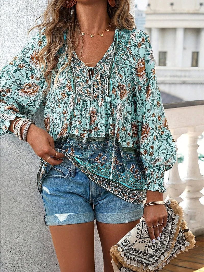Lavinque Blouses Vert / S Blouse Bohème Fleurie | Élégance Décontractée | Légère & Féminine