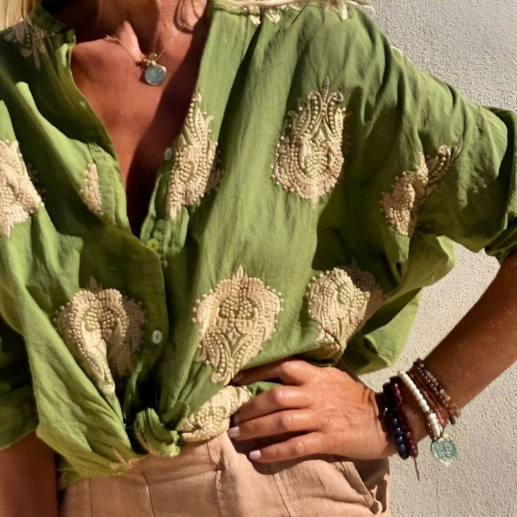 Lavinque Blouses Vert / S Chemise Oversize Brodée | Élégance Bohème | Légèreté &  Raffinement