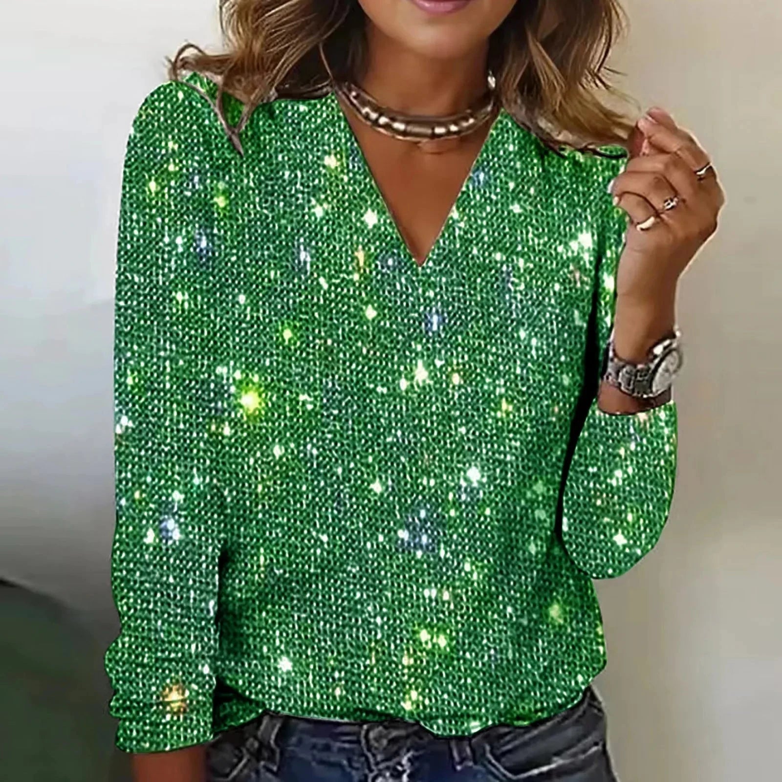 Lavinque Blouses Vert / XXS Haut Brillant à Paillettes | Col V Élégant | Look Festif et Chic