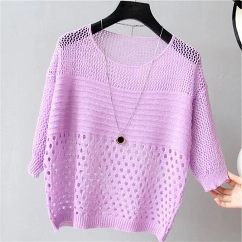 Lavinque Blouses Violette / Taille unique Pull Femme | Maille Ajourée | Léger et Élégant