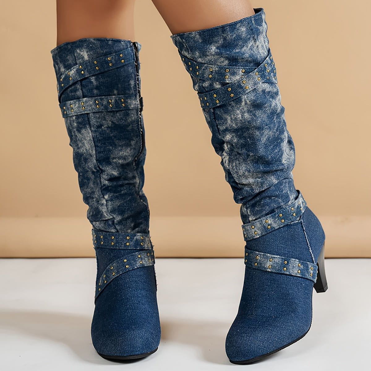 Lavinque Boots Bleu / 35 Bottes Jean Délavé à Talons | Bleu Denim | Look Audacieux et Rétro