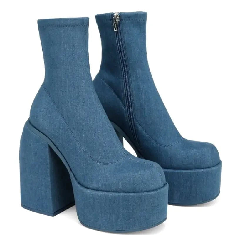Lavinque Boots Bleu / 35 Bottines à Talons Épais & Plateforme | Noir Intense | Glam Rock & Puissance Féminine
