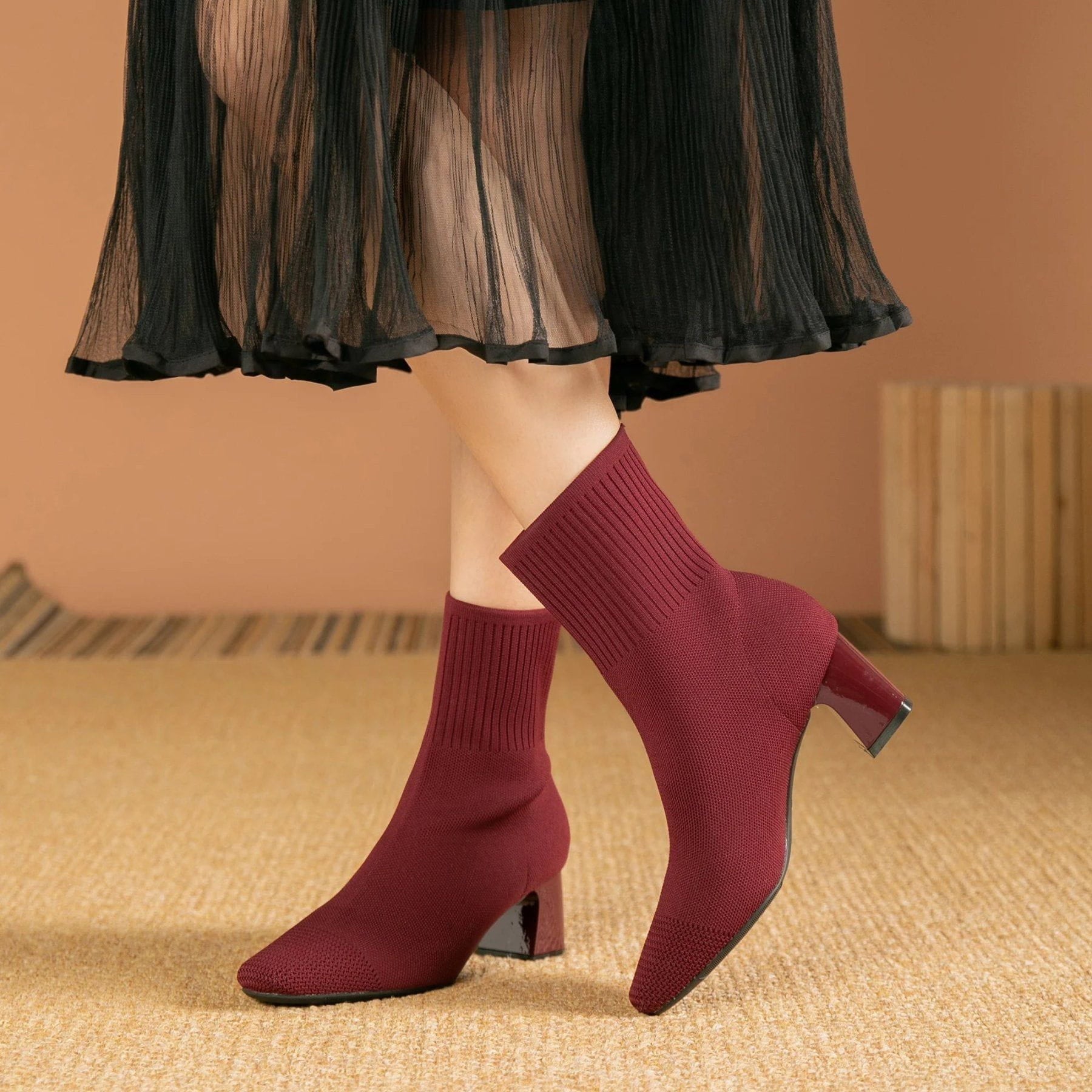 Lavinque Boots Bordeaux / 34 Bottines Chaussettes à Talon | Stretch Tricoté | Élégantes et Confortables