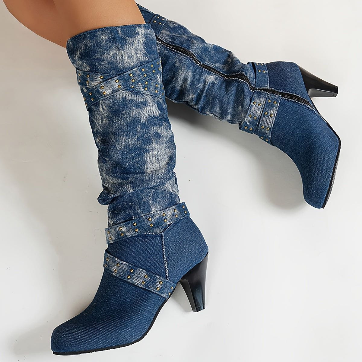 Lavinque Boots Bottes Jean Délavé à Talons | Bleu Denim | Look Audacieux et Rétro
