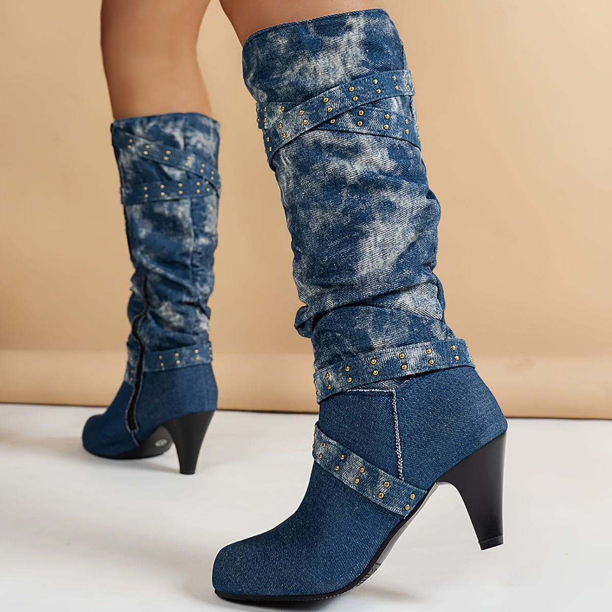 Lavinque Boots Bottes Jean Délavé à Talons | Bleu Denim | Look Audacieux et Rétro