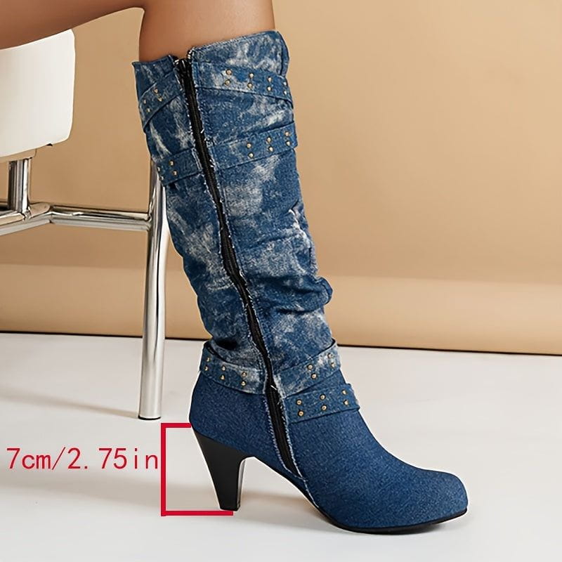 Lavinque Boots Bottes Jean Délavé à Talons | Bleu Denim | Look Audacieux et Rétro