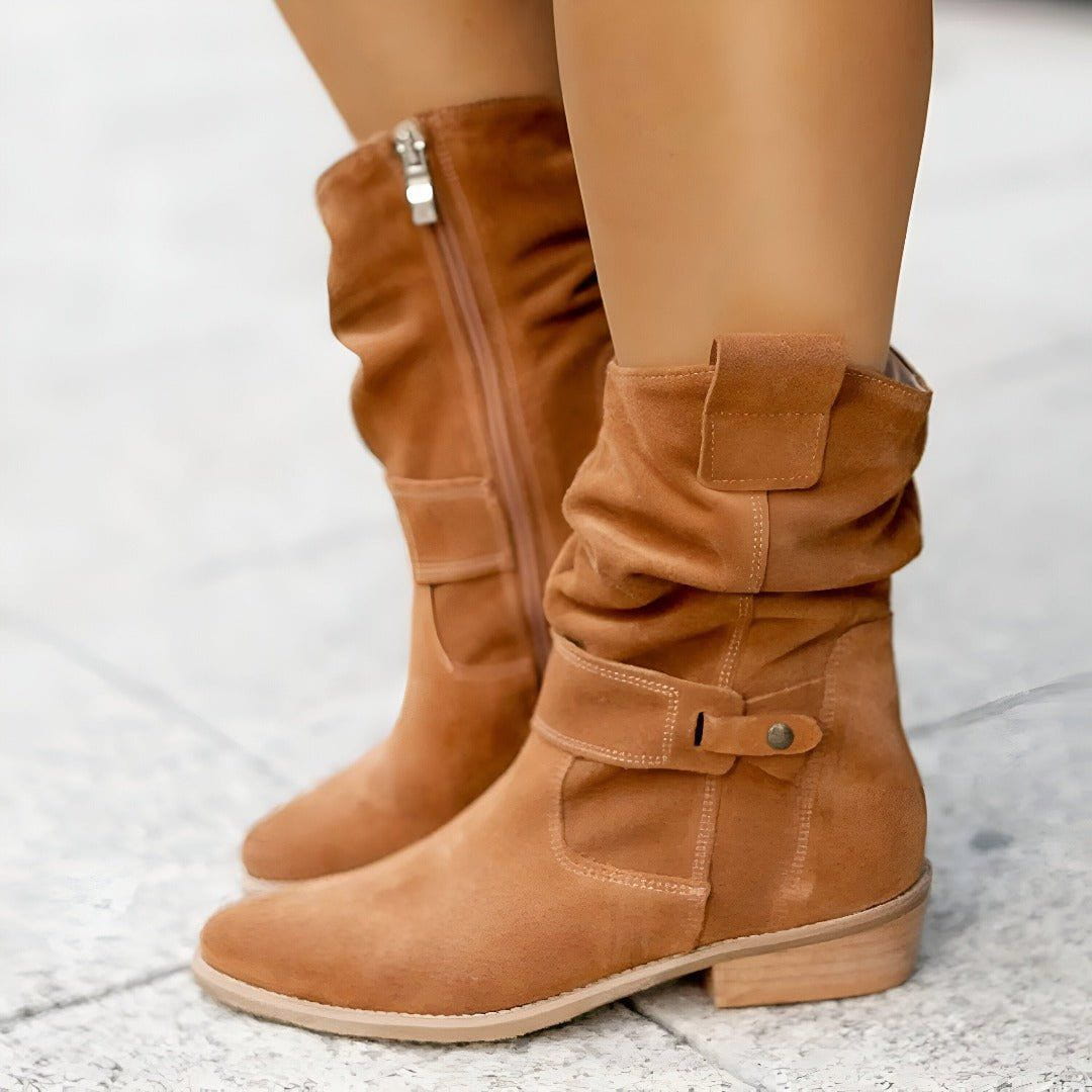 Lavinque Boots Bottes Mid-Calf Camel | Effet Daim | Détail Noeud Décontracté