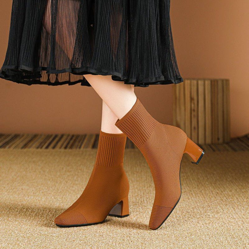 Lavinque Boots Caramel / 34 Bottines Chaussettes à Talon | Stretch Tricoté | Élégantes et Confortables