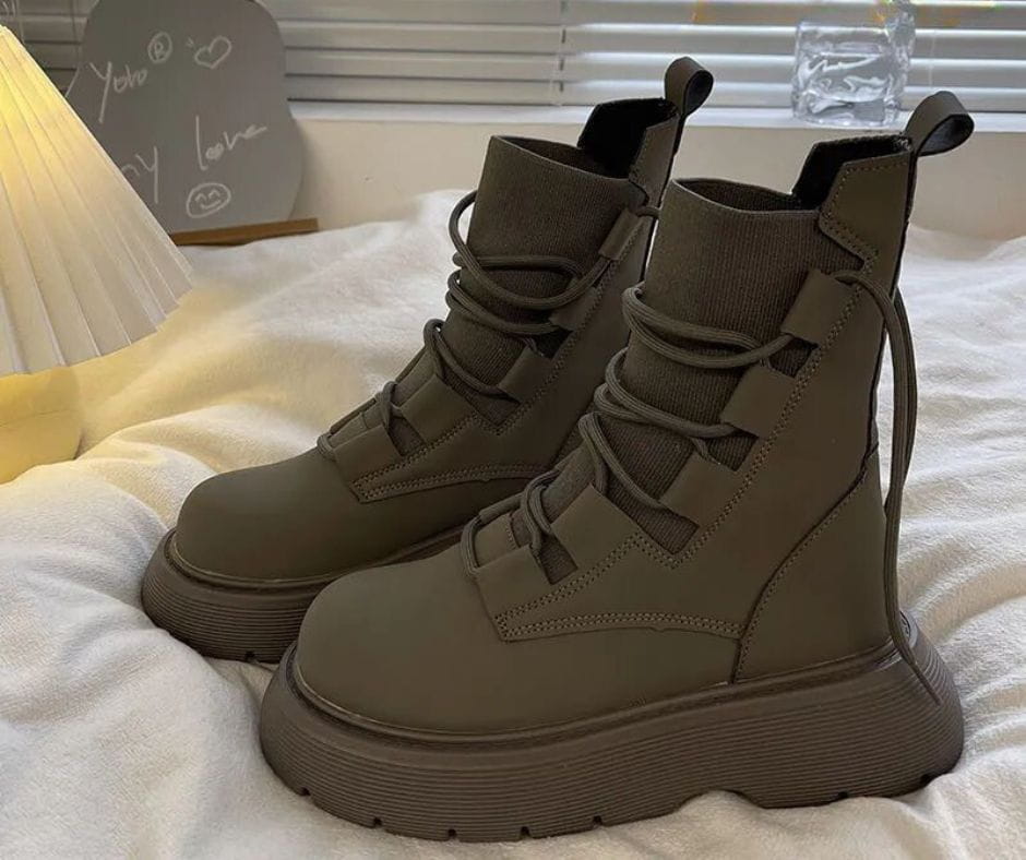Lavinque Boots Kaki/Gris / 35 Bottes Montantes Style Combat | Simili Cuir | Tendance et Confort