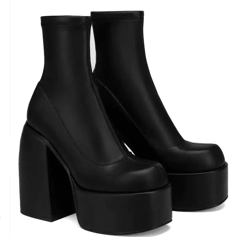 Lavinque Boots Noir / 35 Bottines à Talons Épais & Plateforme | Noir Intense | Glam Rock & Puissance Féminine