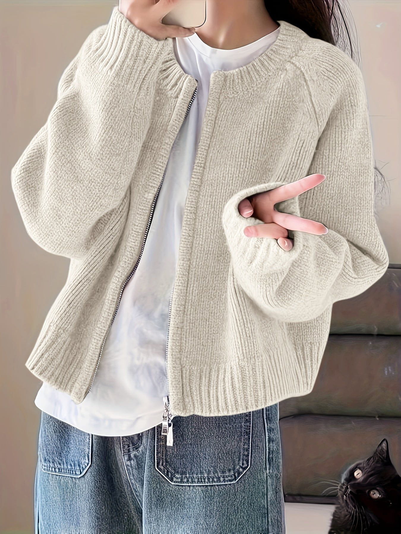 Lavinque Cardigan Beige / S Cardigan Oversize Zippé | Rose | Doux et Confortable