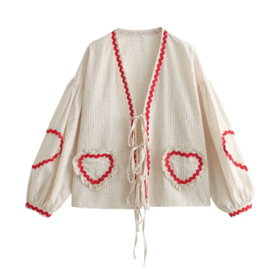 Lavinque Cardigan Blanc / S Blouse Bohème | Beige et Rouge | Détails Cœur et Esprit Romantique