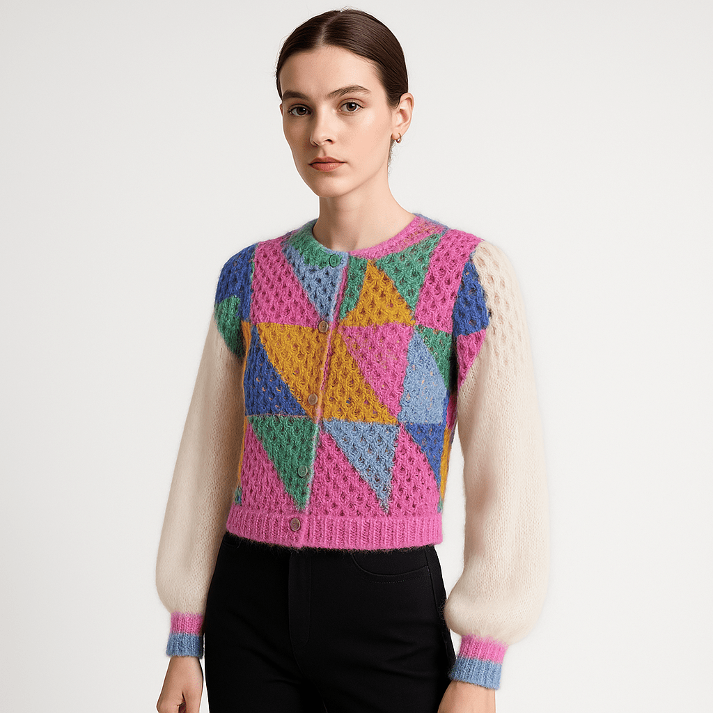 Lavinque Cardigan Blanc / S Cardigan Patchwork | Multicolore | Maille Graphique et Douce