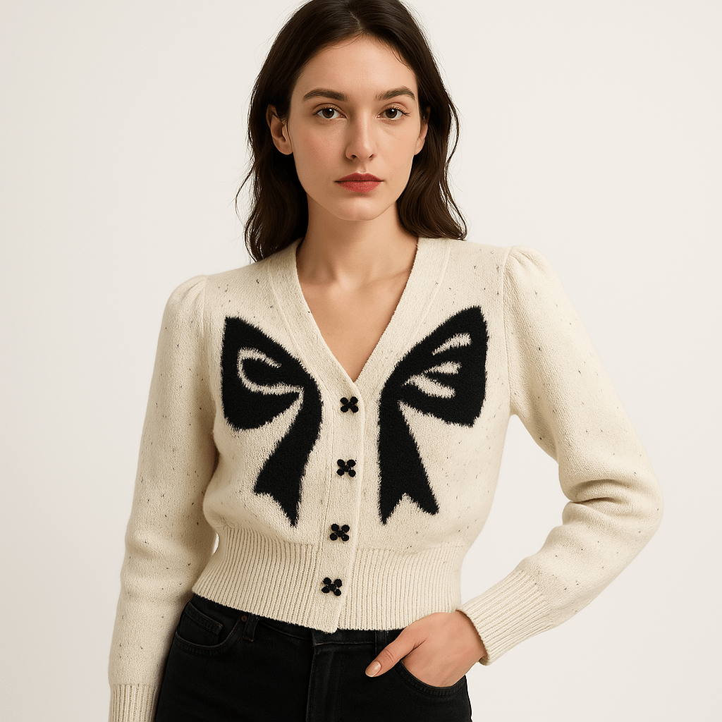 Lavinque Cardigan Blanc / XS Cardigan Nœud Contrasté | Blanc & Noir | Style Féminin et Créatif