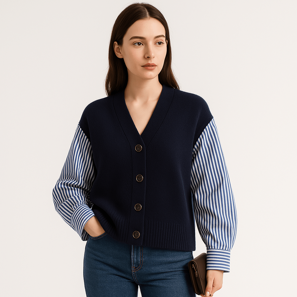 Lavinque Cardigan Bleu marine / XS Cardigan Chemise Contrasté | Oversize | Élégance Décontractée