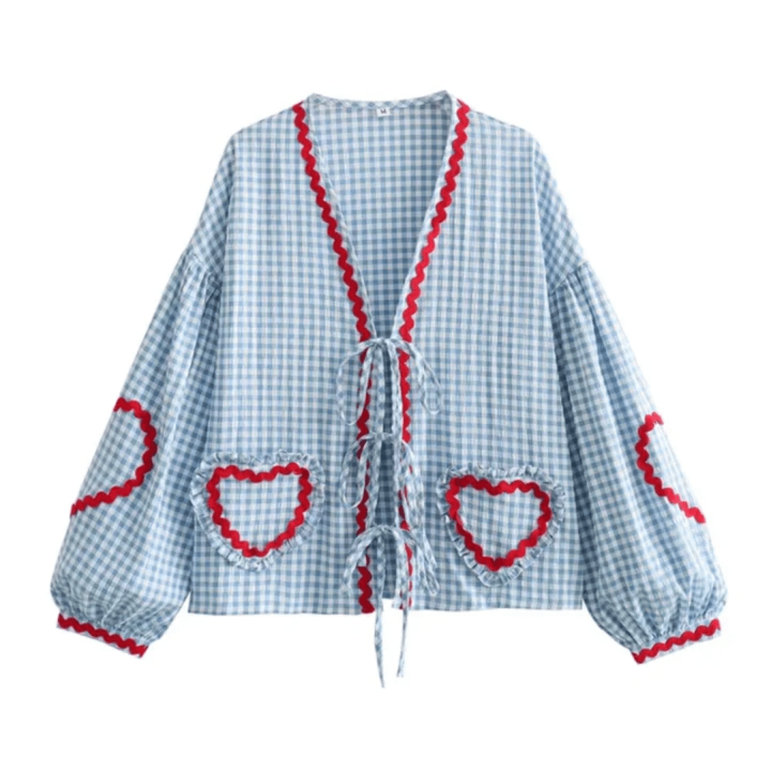 Lavinque Cardigan Bleu / S Blouse Bohème | Beige et Rouge | Détails Cœur et Esprit Romantique