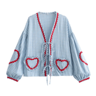 Lavinque Cardigan Bleu / S Blouse Bohème | Beige et Rouge | Détails Cœur et Esprit Romantique