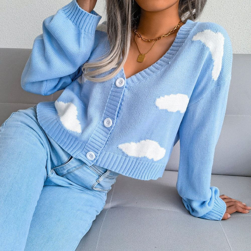 Lavinque Cardigan Bleu / S Cardigan court imprimé nuages | Cardigan | Douceur et originalité au quotidien