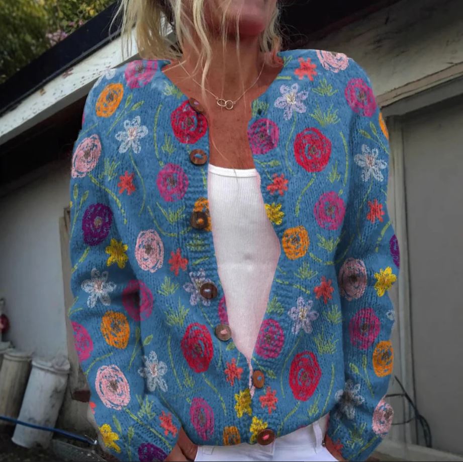 Lavinque Cardigan Bleu / S Gilet Tricot Bohème | Motifs Floraux | Chaleur et Douceur