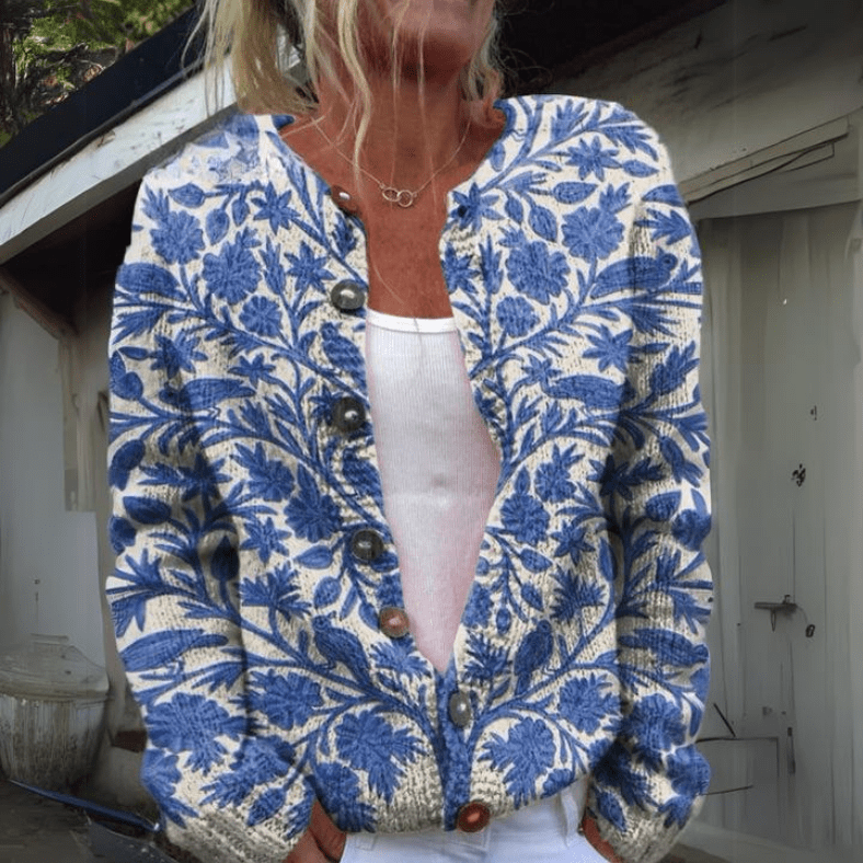 Lavinque Cardigan Bleu / S Gilet Tricoté à Boutons | Douceur & Élégance Bohème | Motif Fleuri