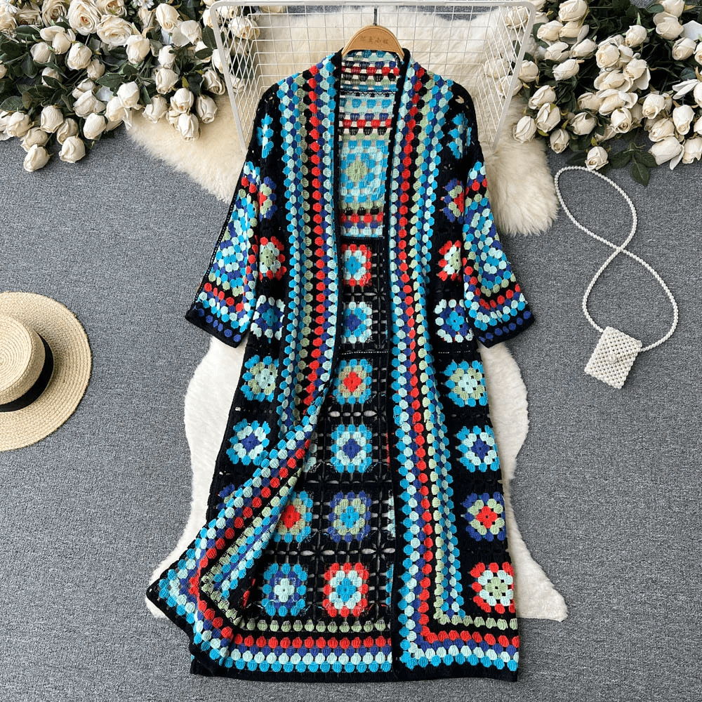 Lavinque Cardigan Bleu / Taille unique Cardigan Long au Crochet | Multicolore | Style Bohème et Authentique