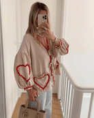 Lavinque Cardigan Blouse Bohème | Beige et Rouge | Détails Cœur et Esprit Romantique