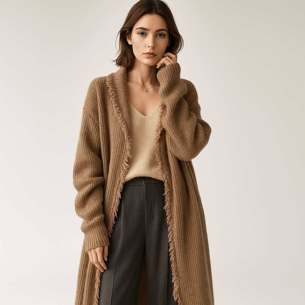 Lavinque Cardigan Camel / XS Cardigan Long Effiloché | Oversize | Camel Douillet