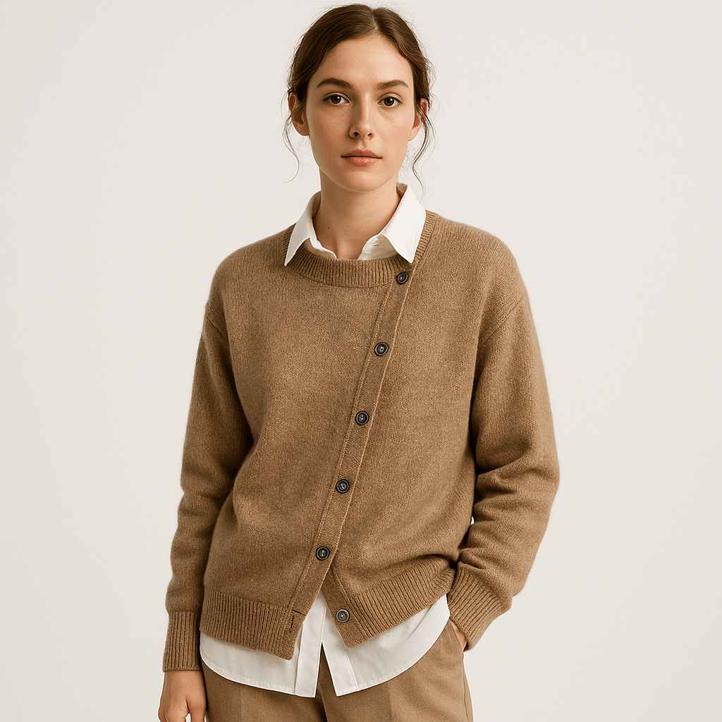 Lavinque Cardigan Cardigan Camel Asymétrique | Boutonné Original | Maille Douce & Moderne