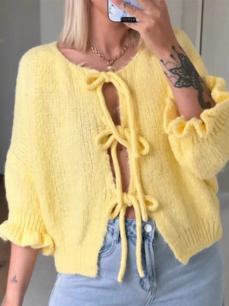 Lavinque Cardigan Cardigan Jaune Pastel à Nœuds | Manches Volants | Doux & Original