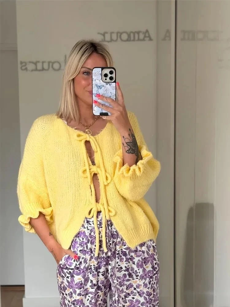Lavinque Cardigan Cardigan Jaune Pastel à Nœuds | Manches Volants | Doux & Original