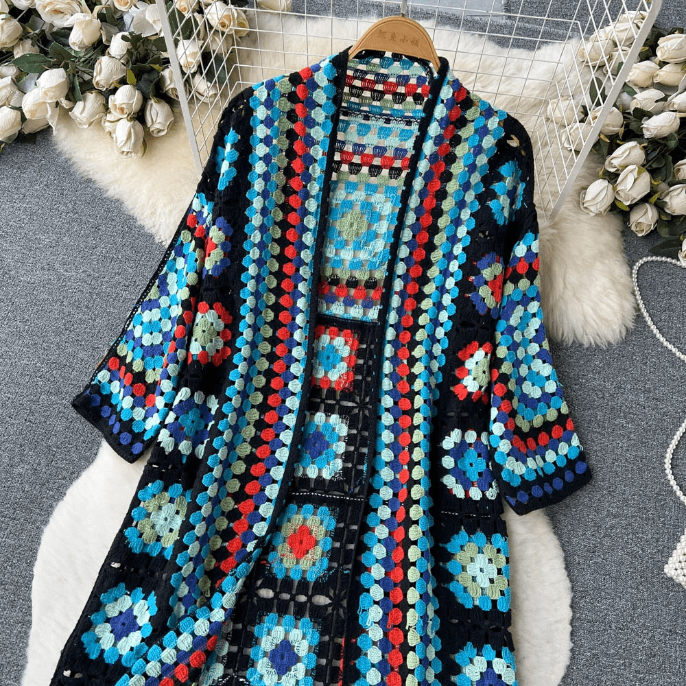 Lavinque Cardigan Cardigan Long au Crochet | Multicolore | Style Bohème et Authentique