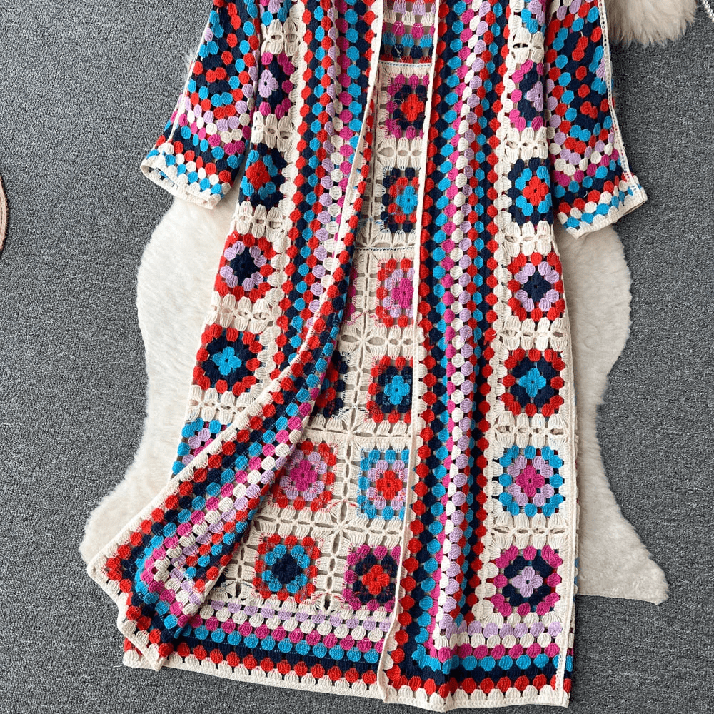 Lavinque Cardigan Cardigan Long au Crochet | Multicolore | Style Bohème et Authentique