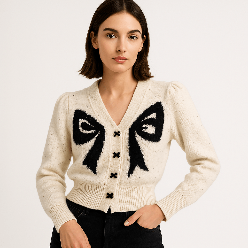 Lavinque Cardigan Cardigan Nœud Contrasté | Blanc & Noir | Style Féminin et Créatif