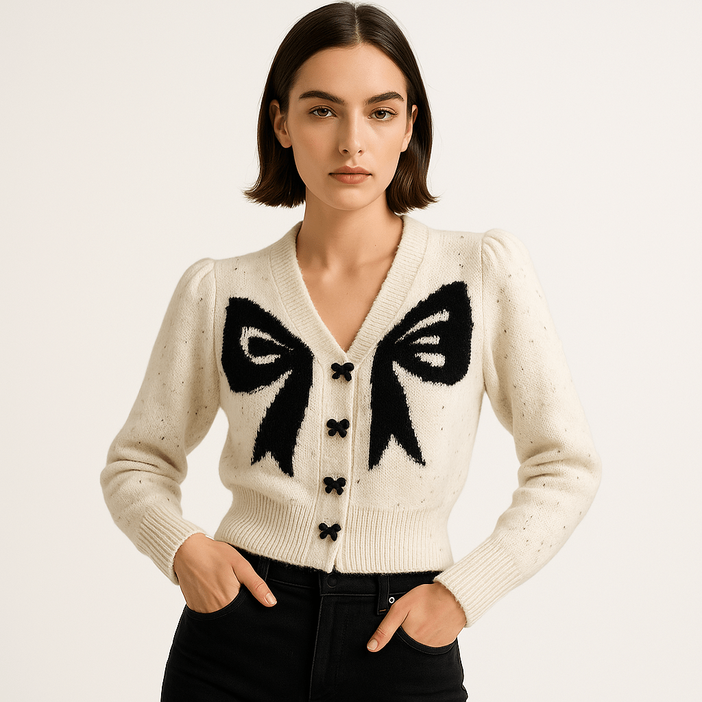 Lavinque Cardigan Cardigan Nœud Contrasté | Blanc & Noir | Style Féminin et Créatif